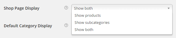 Image: WooCommerce settings page showing dropdown for Shop Page Display