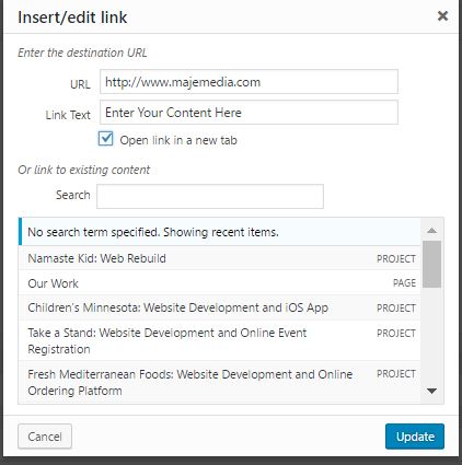 WordPress link options menu