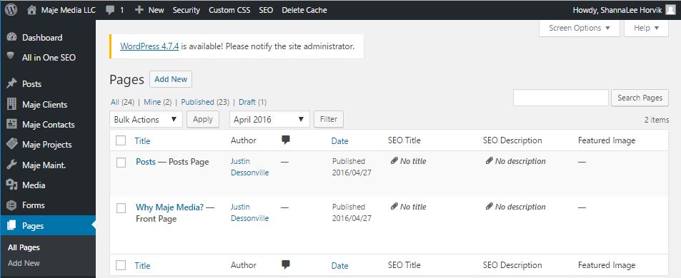 adding a WordPress page