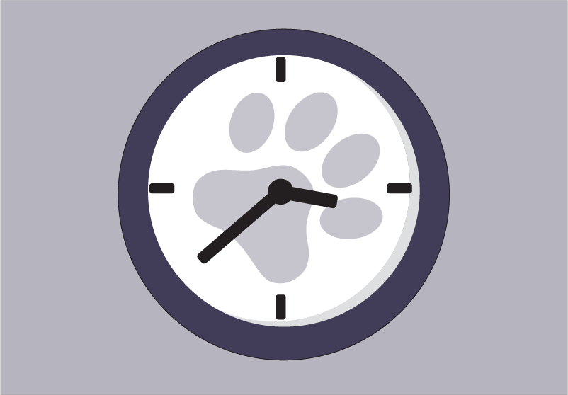 A purple clock with a cat paw indicates it's time for a purrly pause