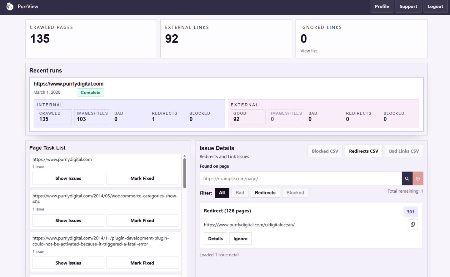 PurrView dashboard showing recent runs, page task list, and issue details for a completed website scan.