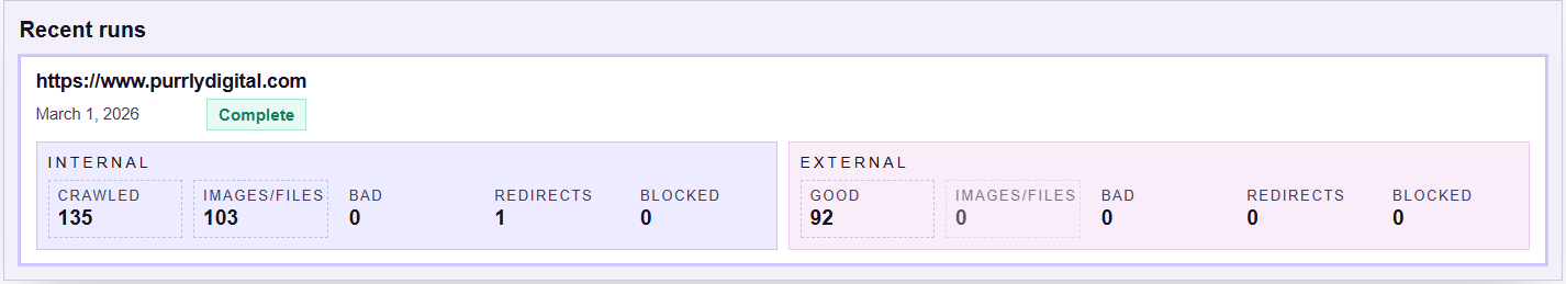 PurrView recent run summary showing crawl counts and link issue totals for a completed scan.